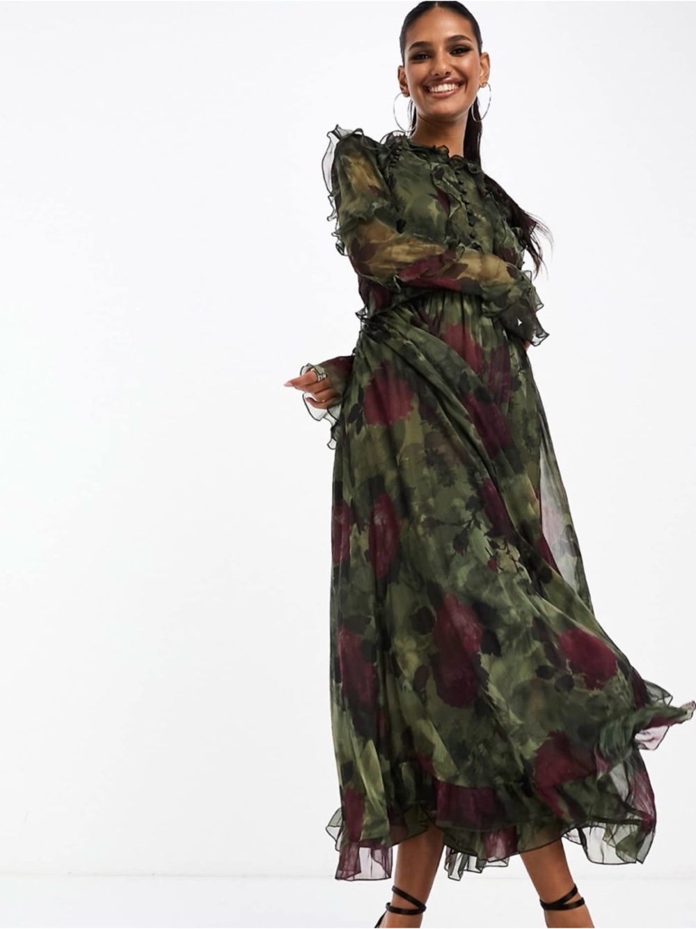ASOS Olive Green & Burgundy Ruffle Sheer Maxi Dress - Picture 1 of 3
